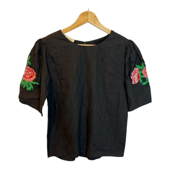 Fanm Mon Maya Linen Embroidered Floral Top Small Black Puff Short Sleeve - Picture 1 of 8